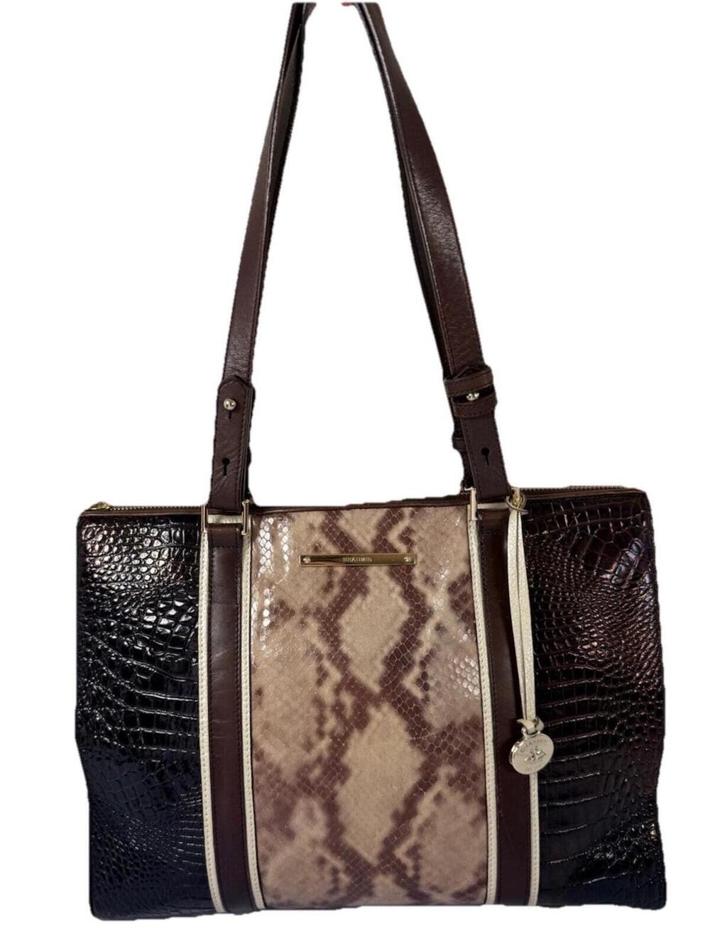 Brahmin Large Zip Tote Shoulder Bag Croc Snakeskin Embossed Leather Brown